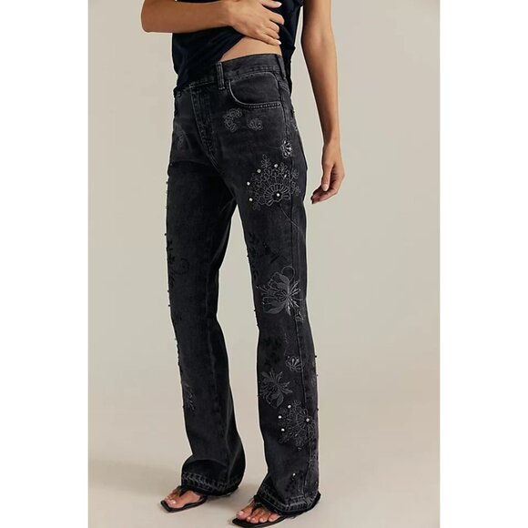 F-9. Free People Irie Embroidered and Studded Jeans Black US 26 - Picture 1 of 1